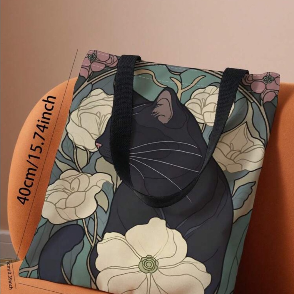 Black Cat Floral Tote Bag - Picture 2 of 2